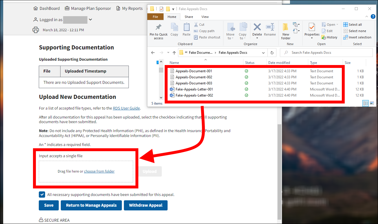 View Appeal page illustrating a documentation file being dragged and dropped from a local folder into the upload section.