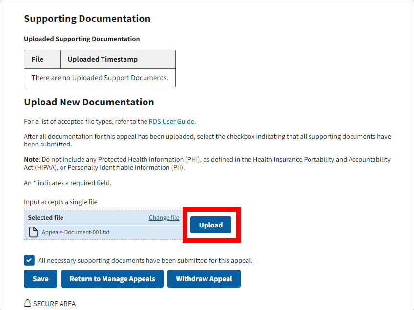 View Appeal page with sample file data. Upload button is highlighted.