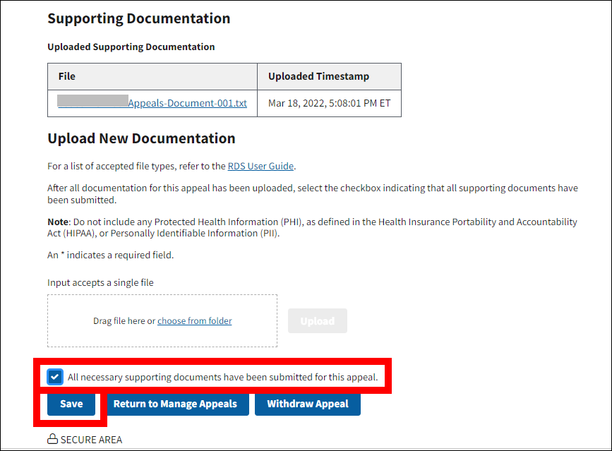 View Appeal page with sample file data. Checkbox and Save button are highlighted.