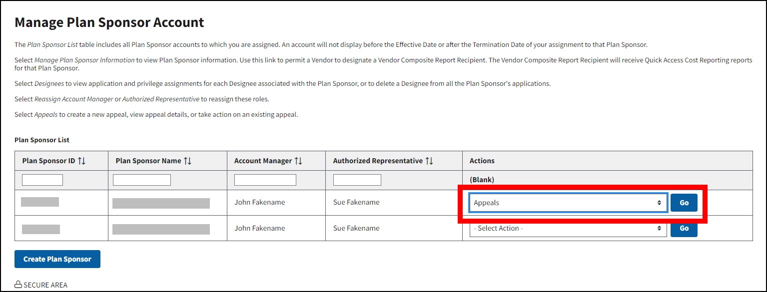 Manage Plan Sponsor Account page with sample data. Actions is highlighted.