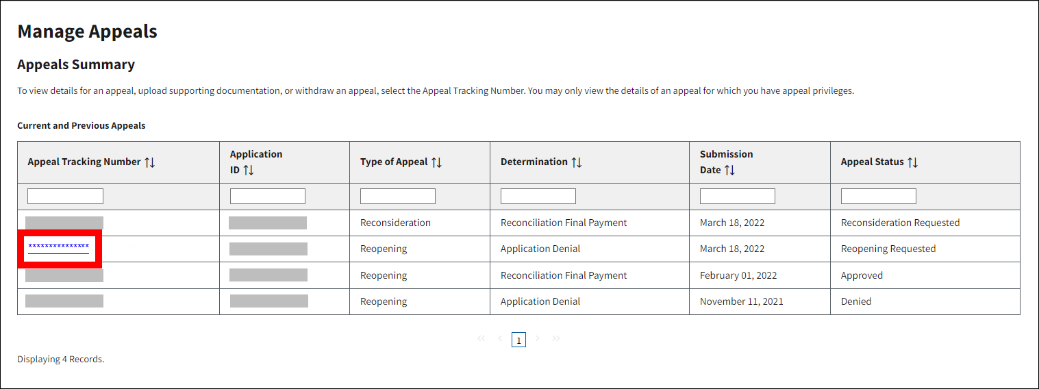 Manage Appeals page with sample data. Appeal Tracking Number link is highlighted.