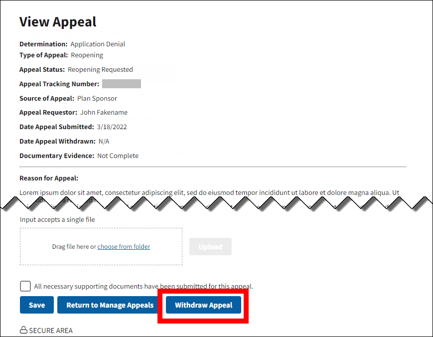 View Appeal page with sample data. Withdraw Appeal button is highlighted.