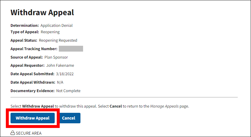 Withdraw Appeal page with sample data. Withdraw Appeal button is highlighted.