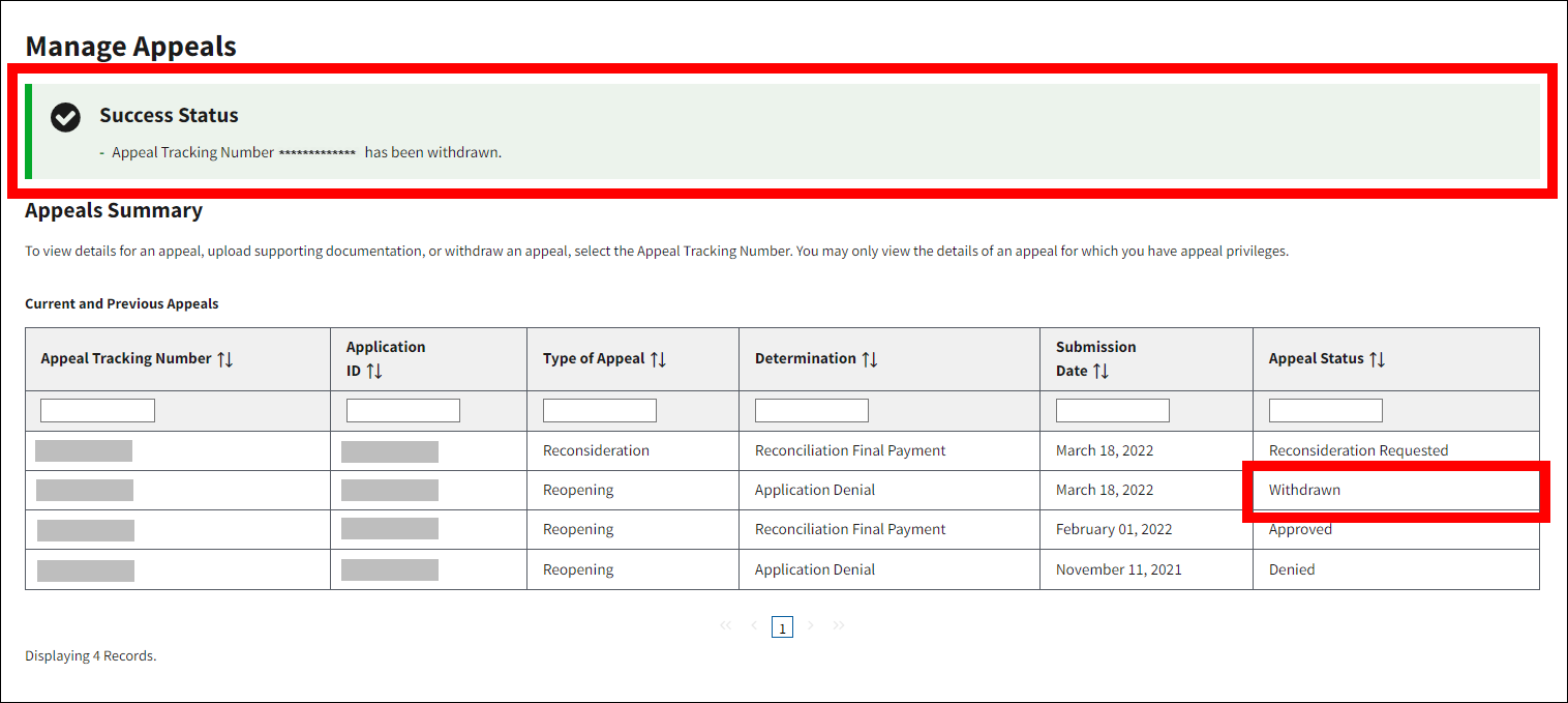 Manage Appeals page with sample data. Success message and Withdrawn status are highlighted.