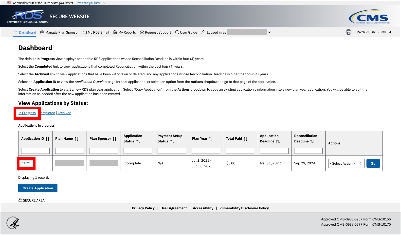 Dashboard page with sample data. In Progress and Application ID links are highlighted.