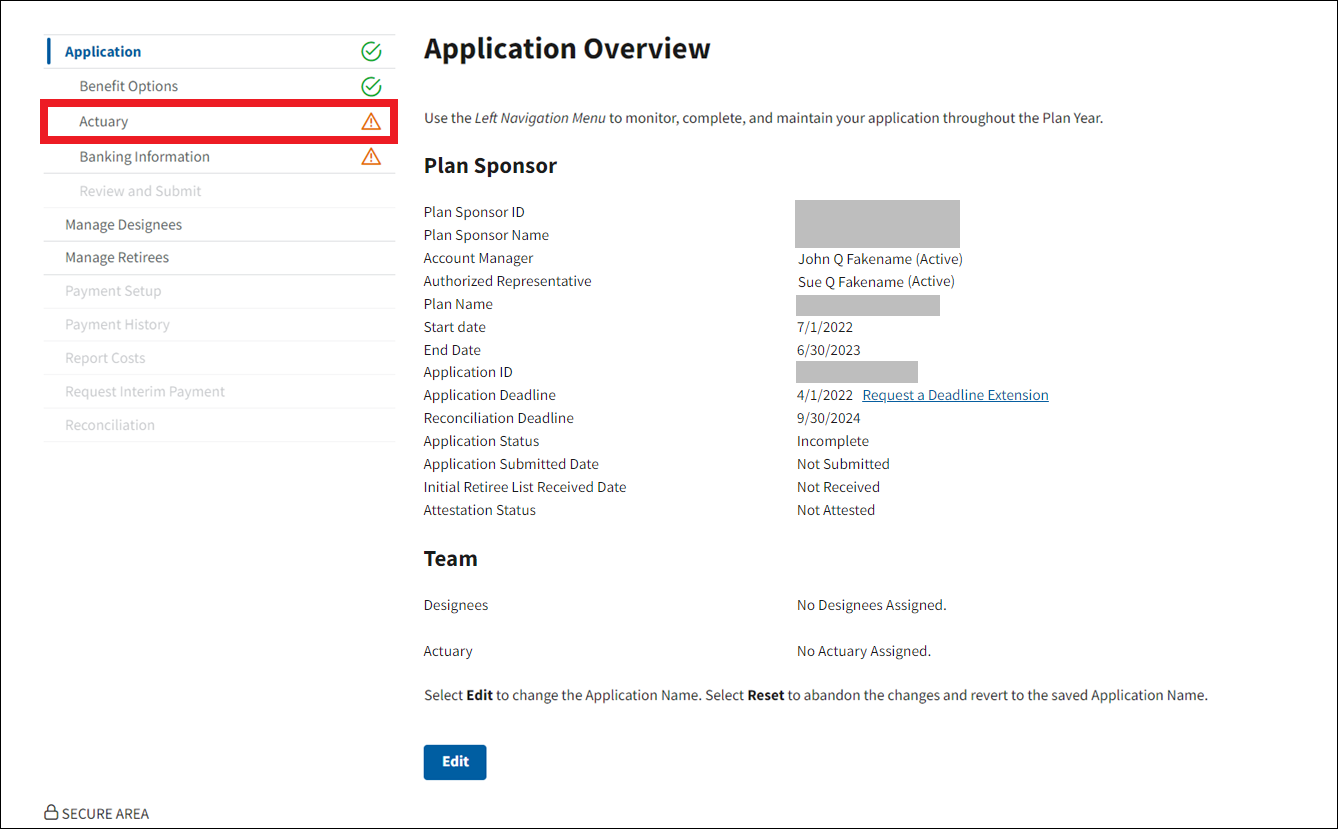 Application Overview page with sample data and Actuary highlighted in left nav.