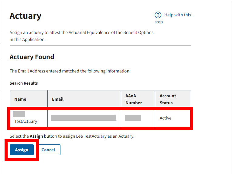 Actuary page with sample data. Search Results table and Assign button are highlighted.