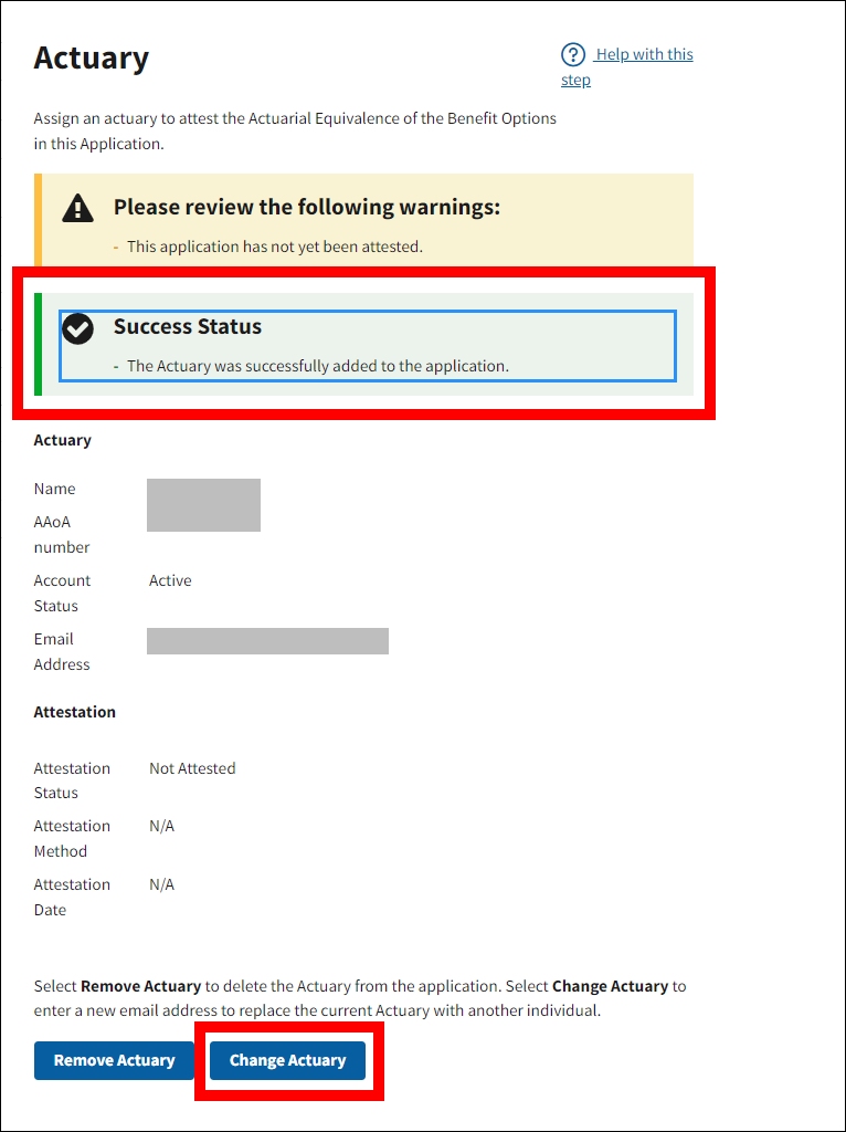 Actuary page with sample data. Success message and Change Actuary button are highlighted.