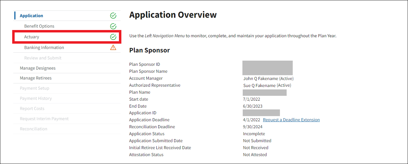 Application Overview page with sample data and Actuary highlighted in left nav.