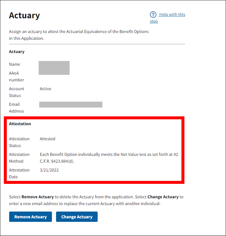 Actuary page with sample data. Attestation section is highlighted.