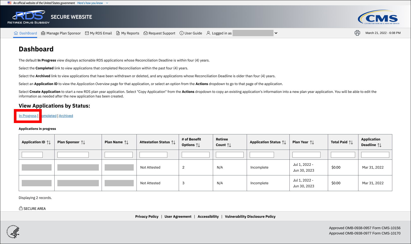 Dashboard page with sample data. In Progress link is highlighted.