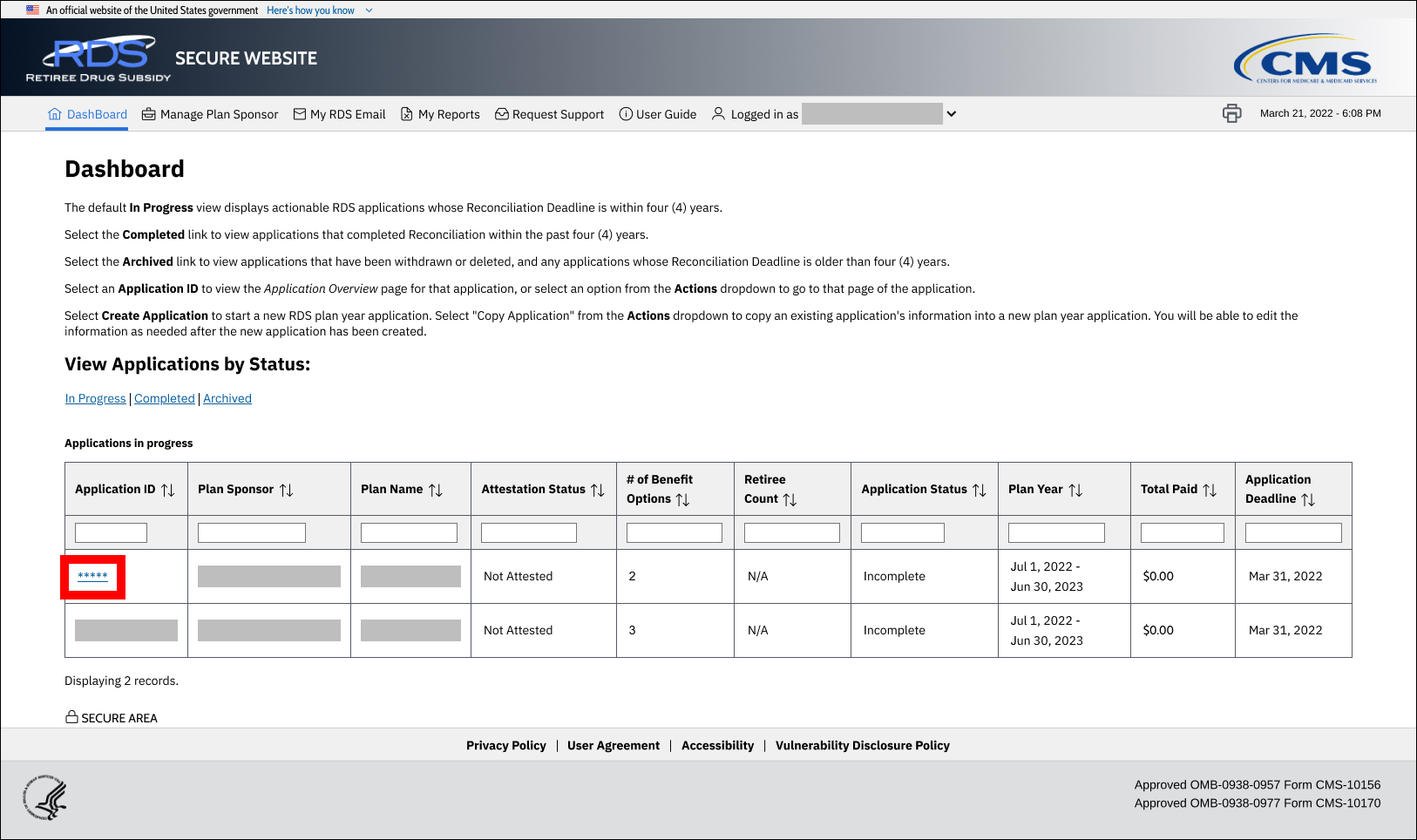 Dashboard page with sample data. Application ID link is highlighted.