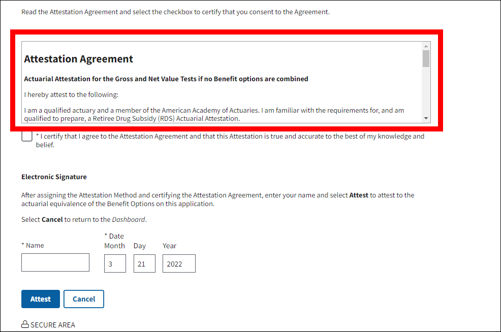 Attest Actuarial Equivalence page with sample form data. Attestation Agreement is highlighted.