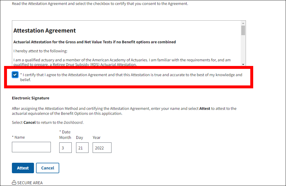 Attest Actuarial Equivalence page with sample form data. Attestation Agreement checkbox is selected and highlighted.