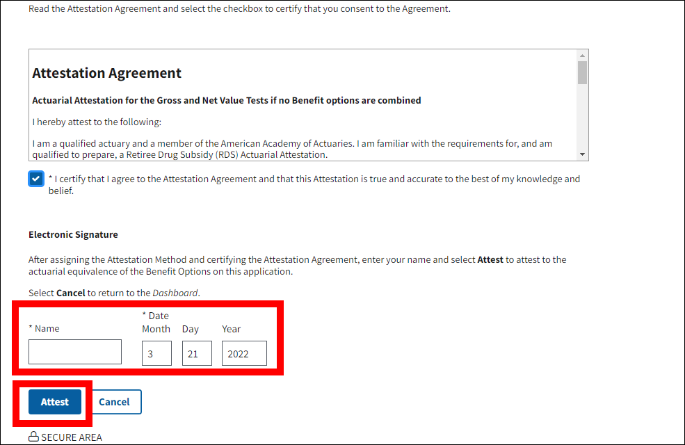 Attest Actuarial Equivalence page with Attestation Agreement checkbox selected and sample form data. Signature fields and Attest button are highlighted.