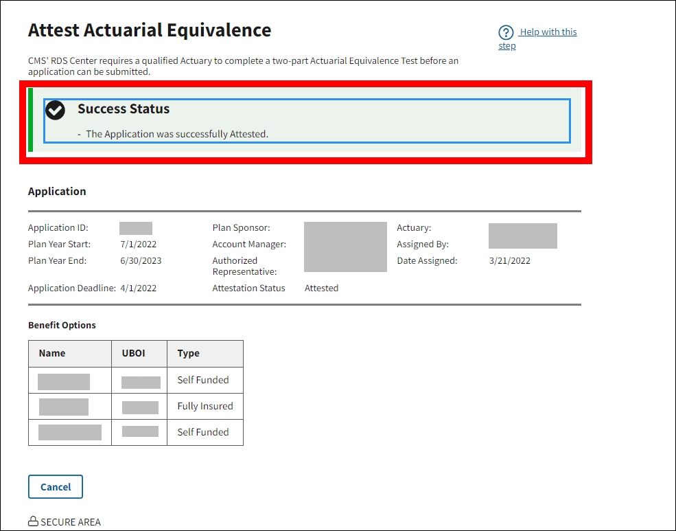 Attest Actuarial Equivalence page with sample data. Success message is highlighted.