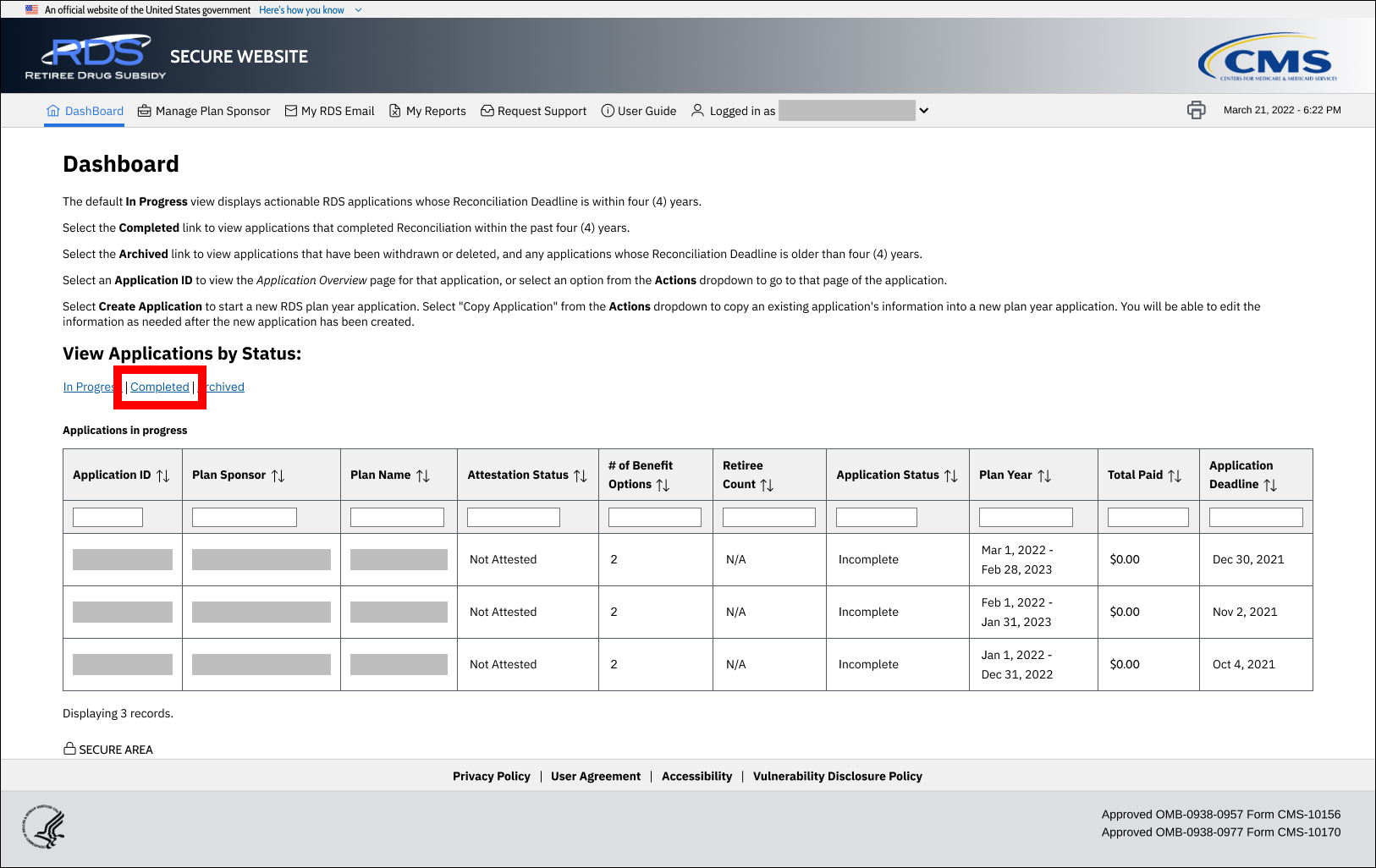 Dashboard page with sample data. Completed link is highlighted.