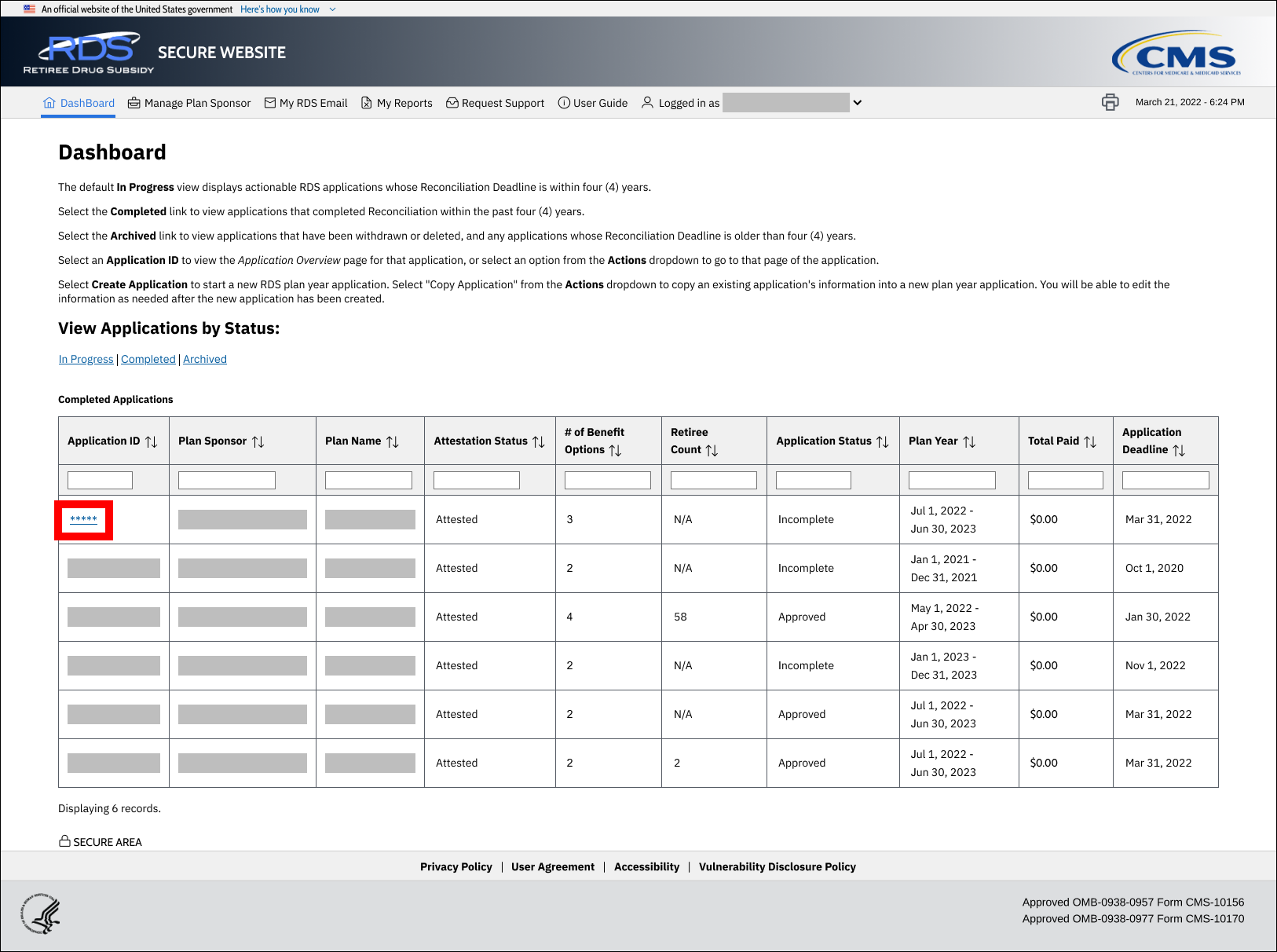 Dashboard page with sample data. Application ID link is highlighted.