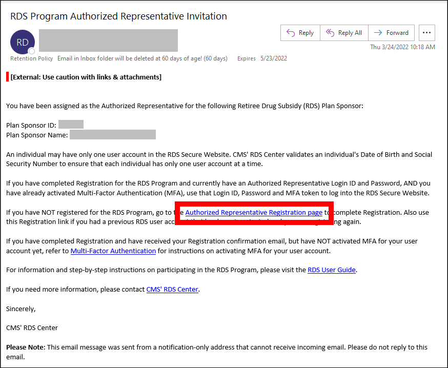 Sample RDS Program Authorized Representative Invitation email. Authorized Representative Registration page link is highlighted.