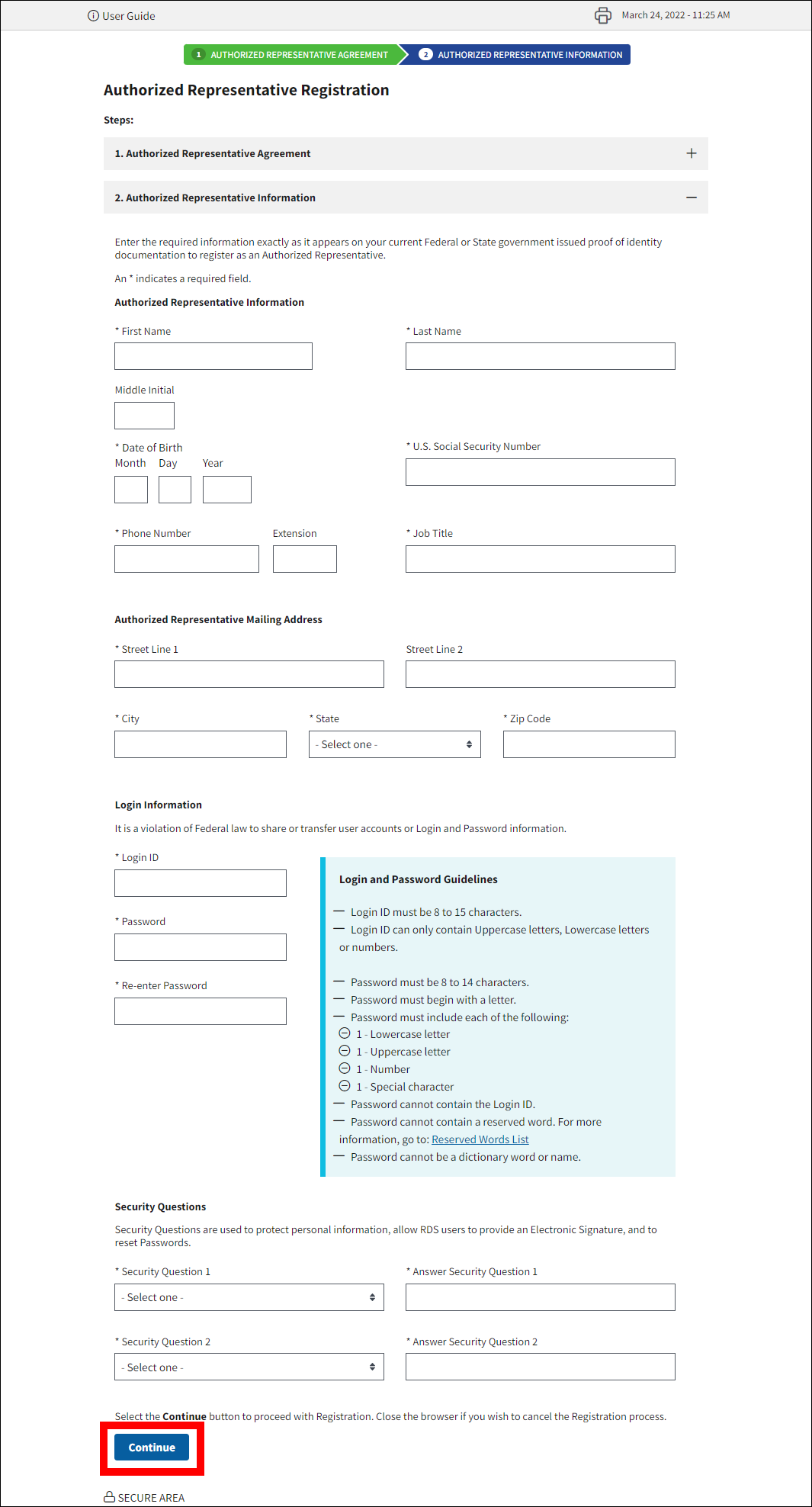 Authorized Representative Registration page with Continue button highlighted.