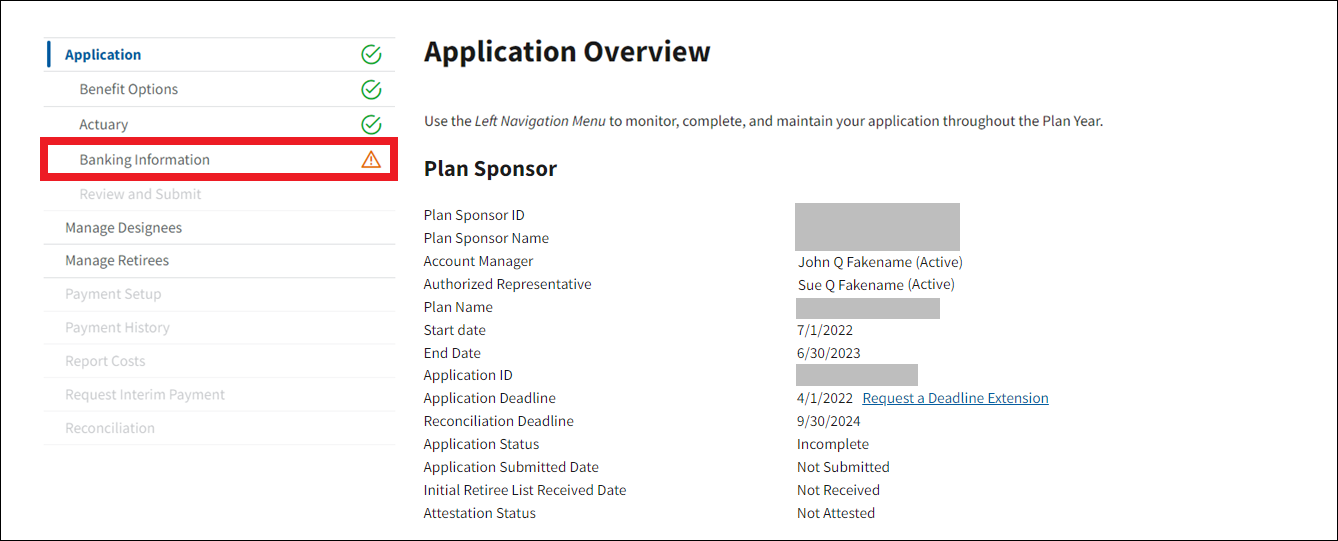 Application Overview page with Banking Information highlighted in left nav.