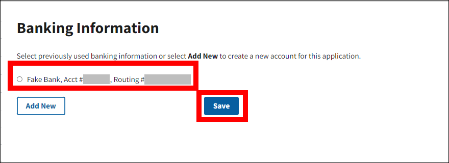 Banking Information page with sample data. Previous banking information and Save button are highlighted.