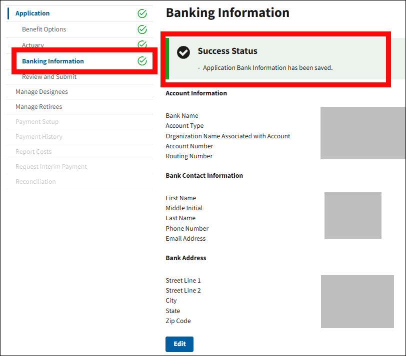 Banking Information page. Success message and Banking information with complete status indicator in left nav are highlighted.