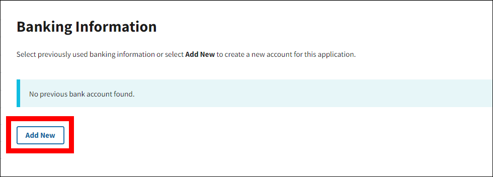 Banking Information page with Add New button highlighted.