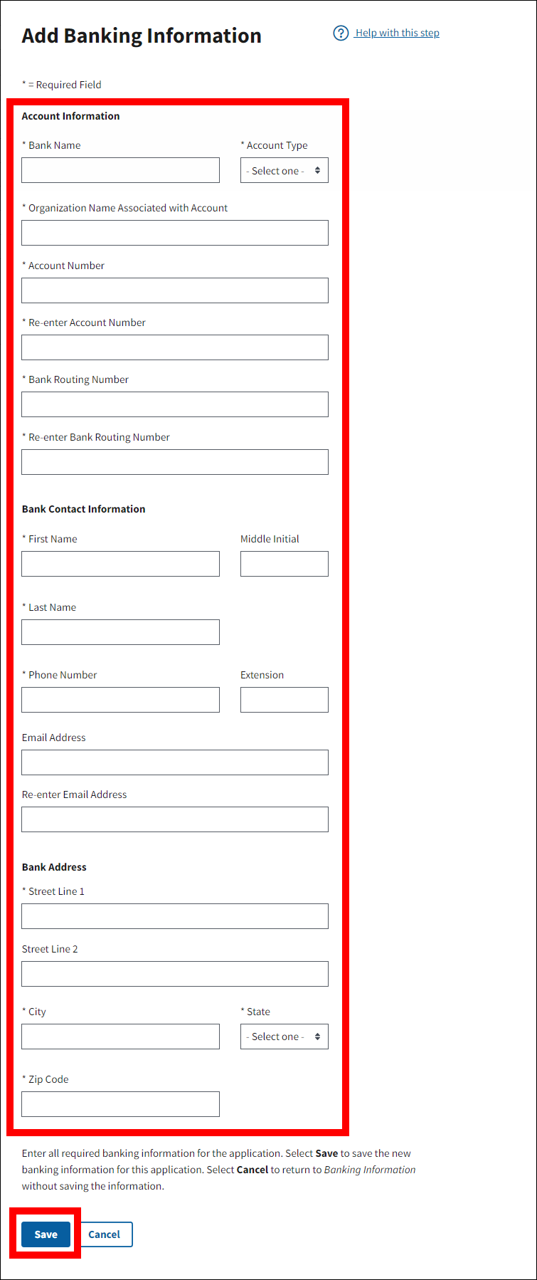 Add Banking Information page with form fields and Save button highlighted.