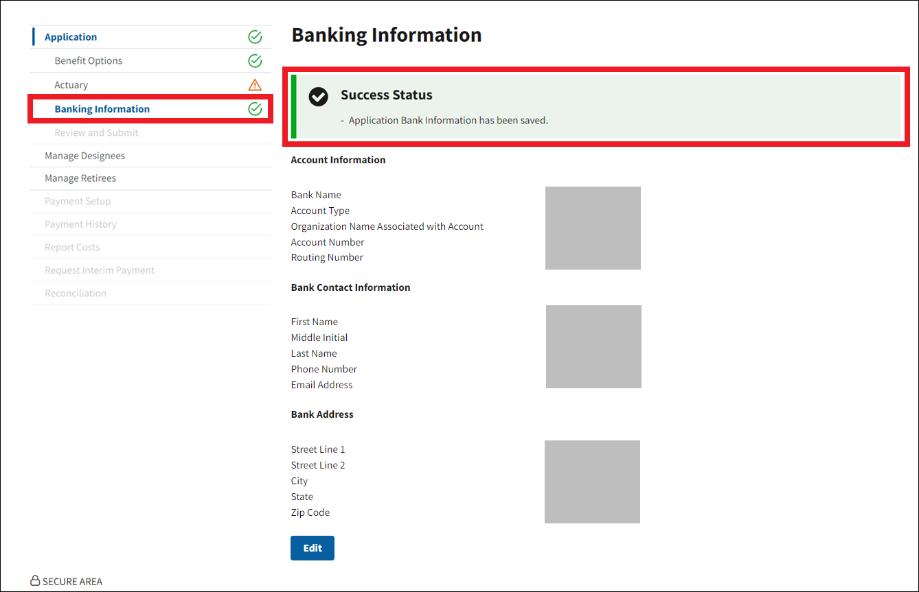 Banking Information page. Success message and Banking information with complete status indicator in left nav are highlighted.