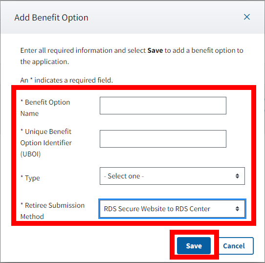 Add Benefit Option pop-up with form fields and Save button highlighted.