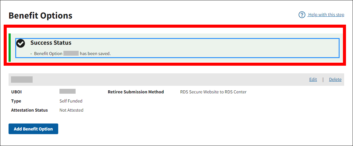 Benefit Options page with sample data. Success message is highlighted.