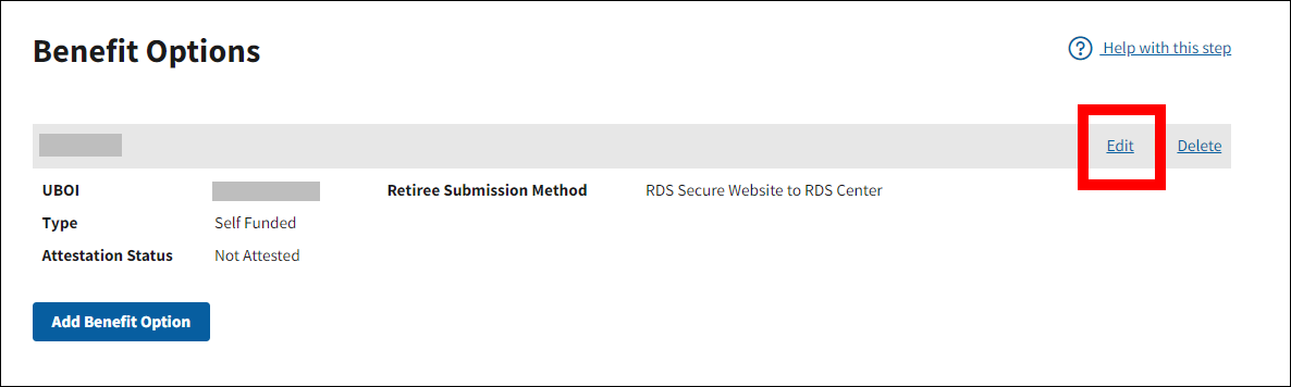 Benefit Options page with sample data. Edit link is highlighted.