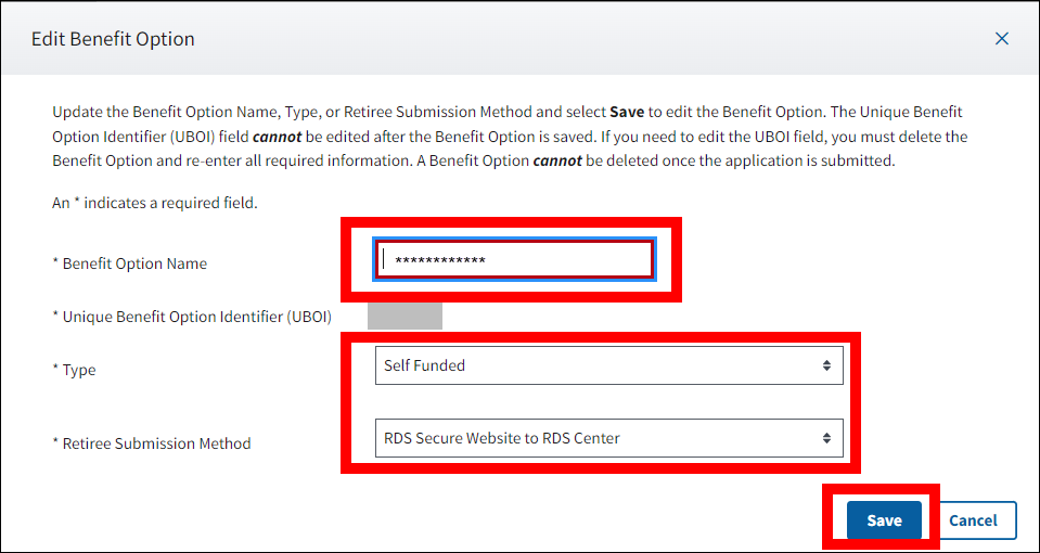 Edit Benefit Option pop-up with sample data. Form fields and Save button are highlighted.