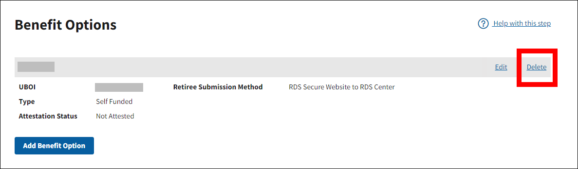 Benefit Options page with sample data. Delete link is highlighted.