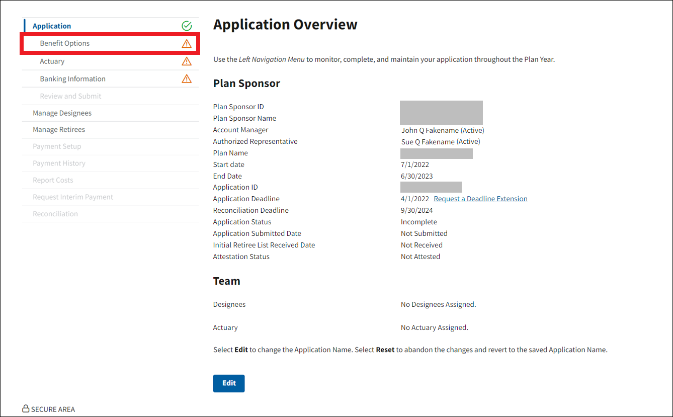 Application Overview page with sample data. Benefit Options is highlighted in left nav.