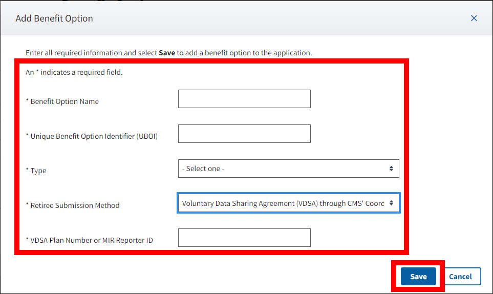 Add Benefit Option pop-up with form fields and Save button highlighted.