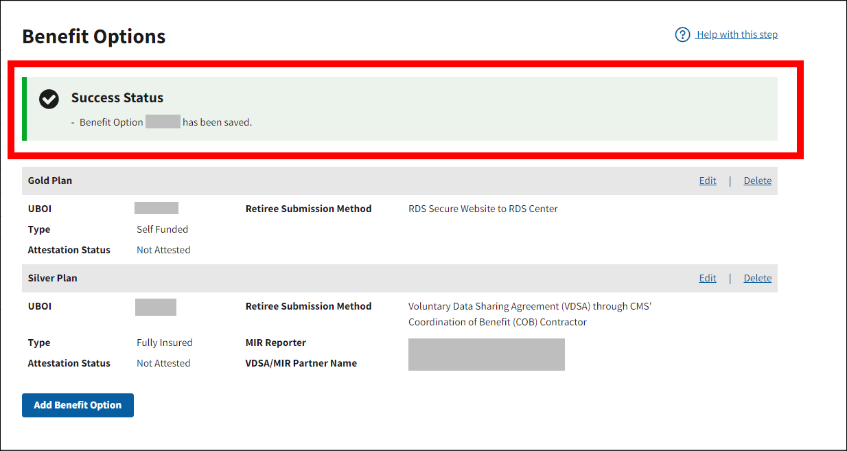 Benefit Options page with sample data. Success message is highlighted.