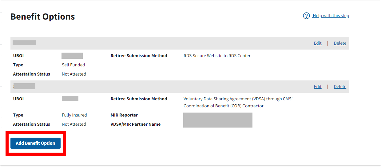 Benefit Options page with sample data. Add Benefit Option button is highlighted.