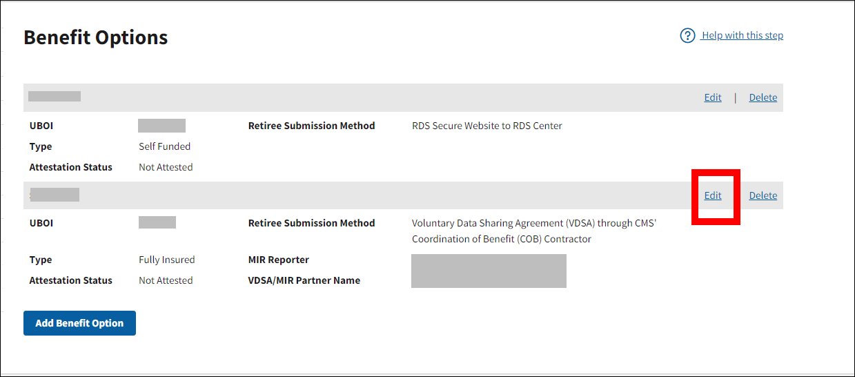 Benefit Options page with sample data. Edit link is highlighted.