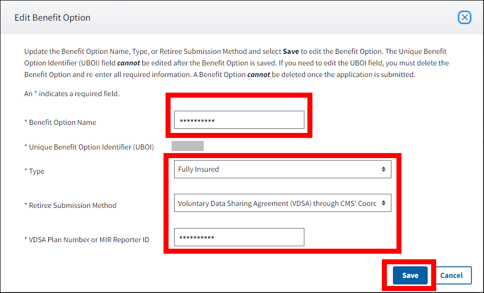 Edit Benefit Option pop-up with sample data. Form fields and Save button are highlighted.