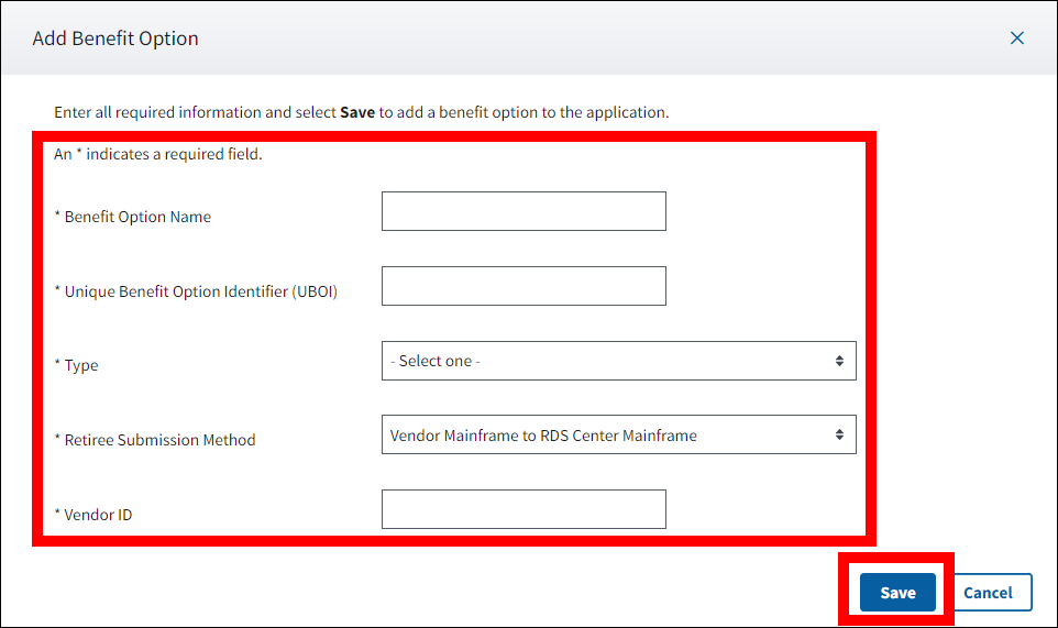 Add Benefit Option pop-up with form fields and Save button highlighted.