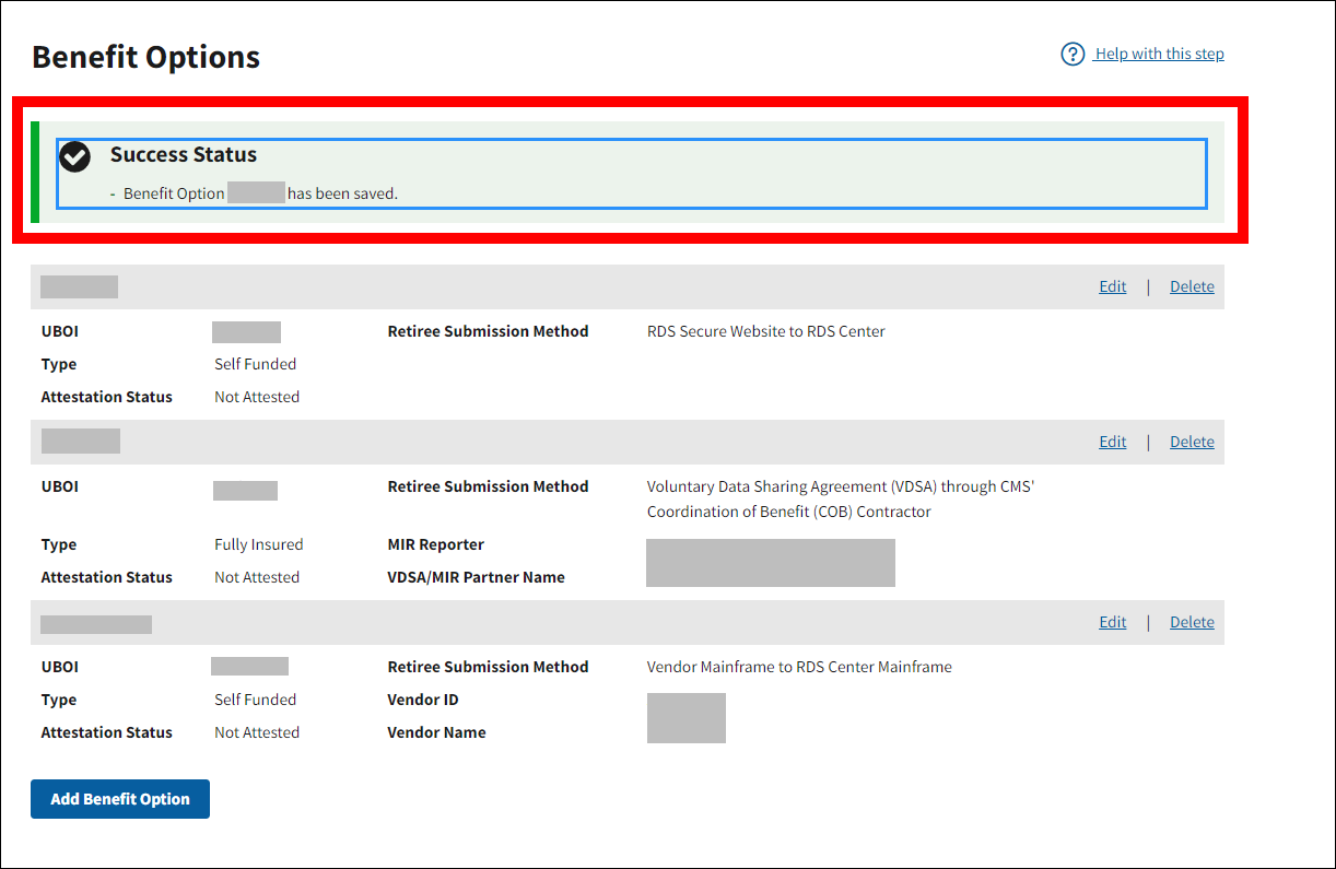 Benefit Options page with sample data. Success message is highlighted.