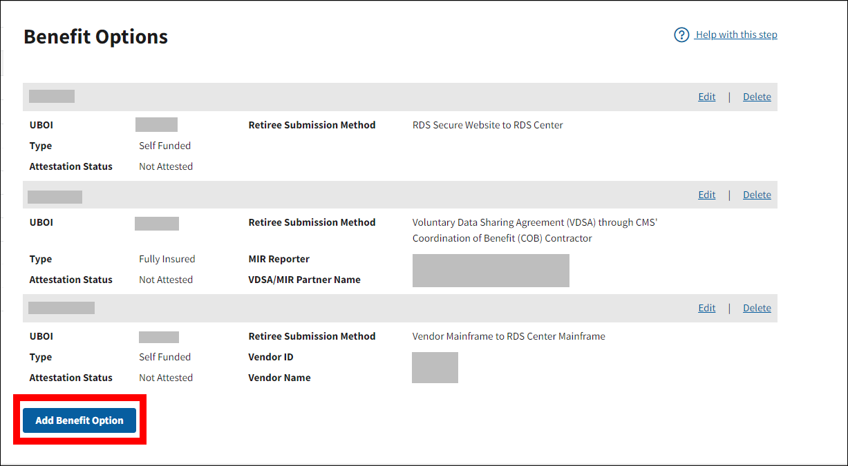 Benefit Options page with sample data. Add Benefit Option button is highlighted.