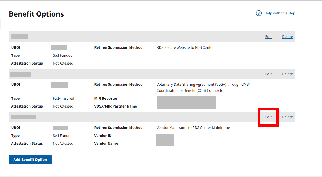 Benefit Options page with sample data. Edit link is highlighted.