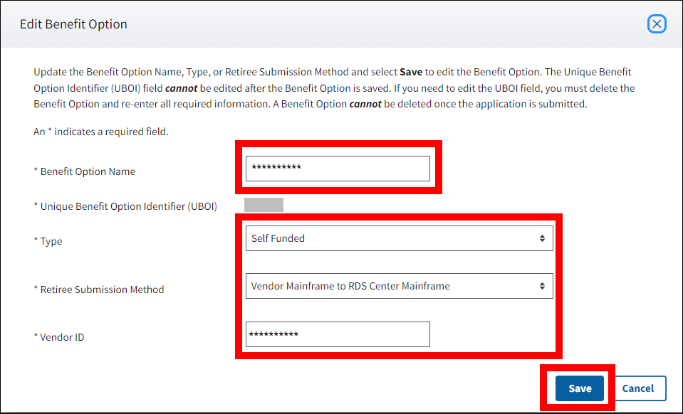 Edit Benefit Option pop-up with sample data. Form fields and Save button are highlighted.