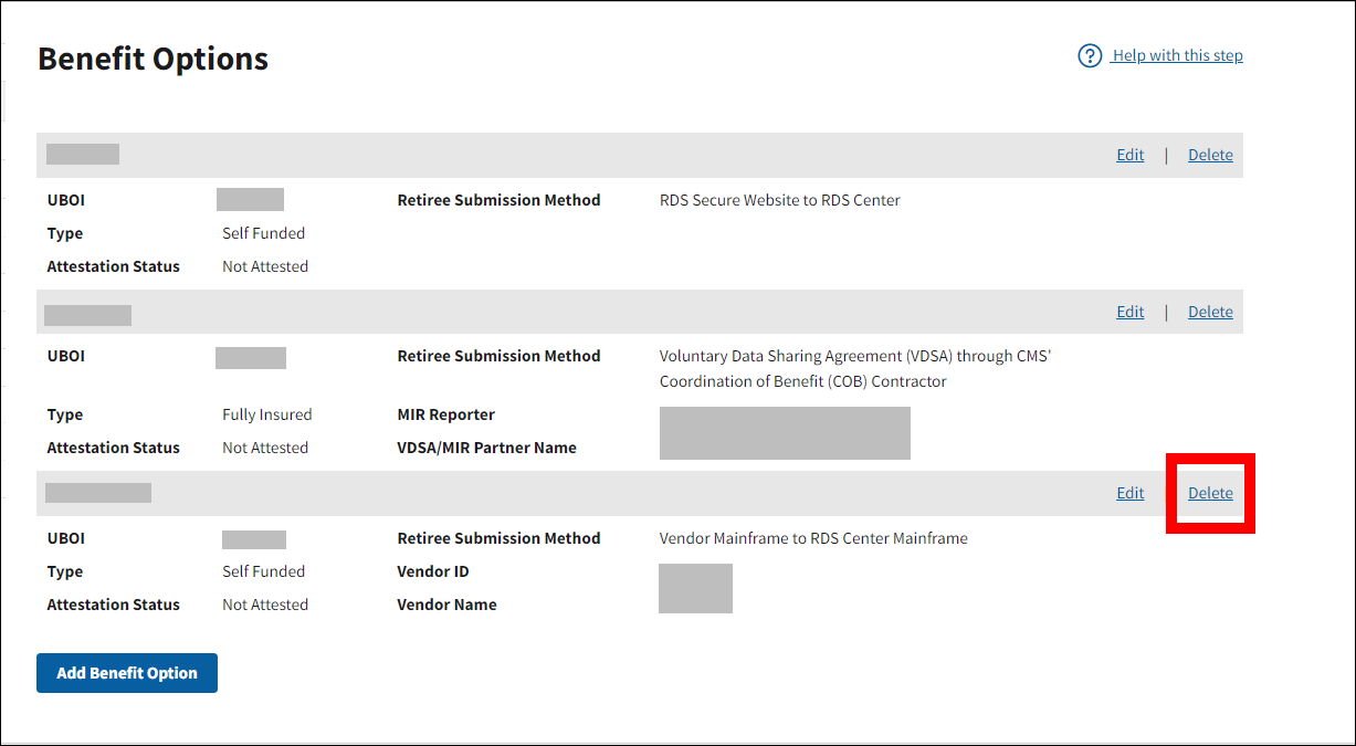 Benefit Options page with sample data. Delete link is highlighted.