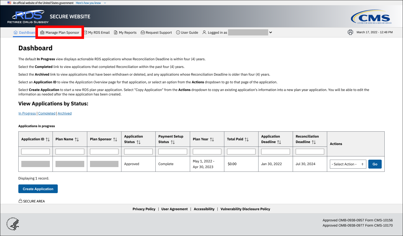 Dashboard page with sample data. Manage Plan Sponsor is highlighted in top nav.