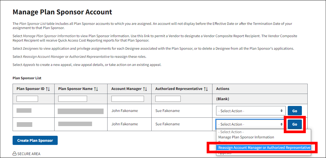 Manage Plan Sponsor Account page with sample data. Actions dropdown menu selection and Go button are highlighted.