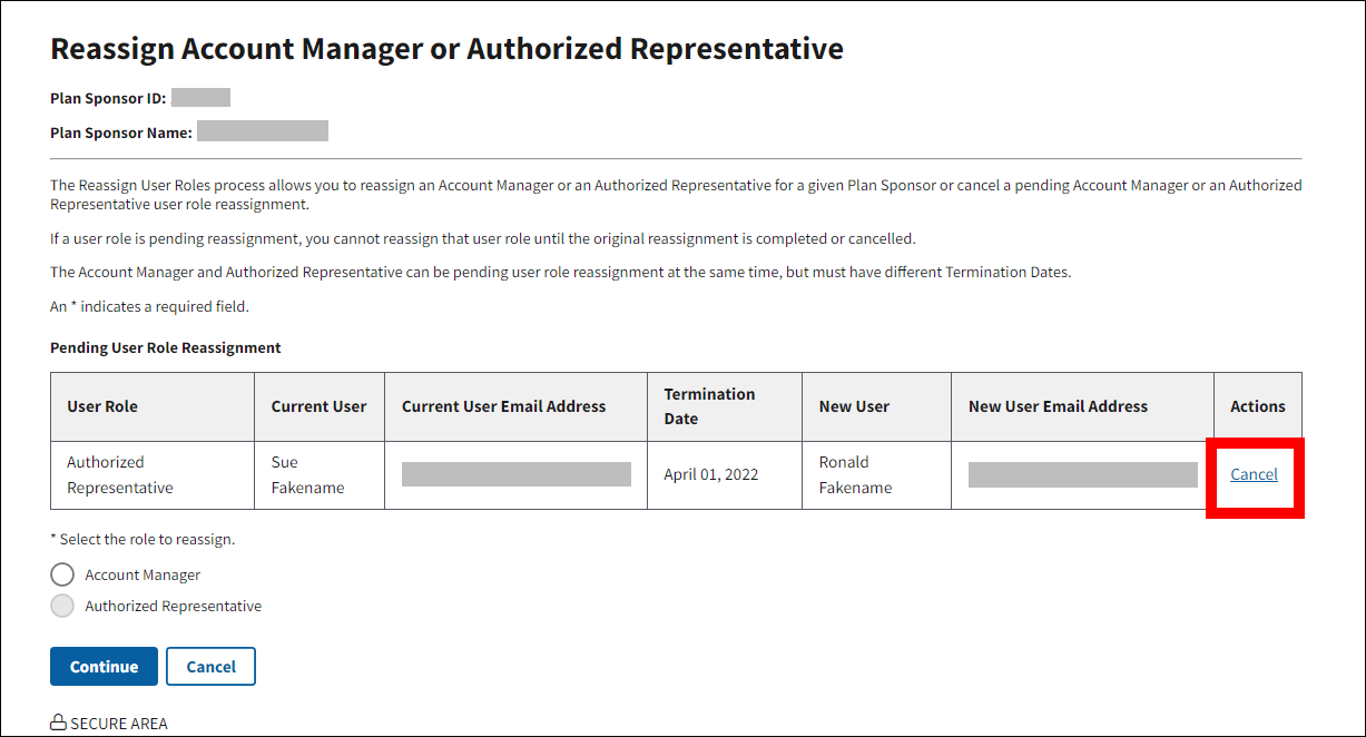 Reassign Account Manager or Authorized Representative page with sample data. Cancel link is highlighted.